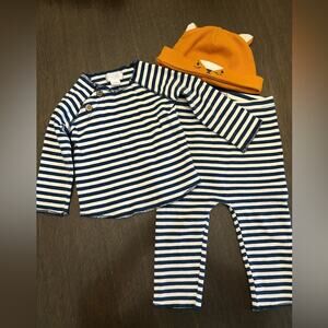Mud Pie Baby 3 Pc Outfit Set 6-9M Fox Hat Striped Shirt Pants Boys EUC